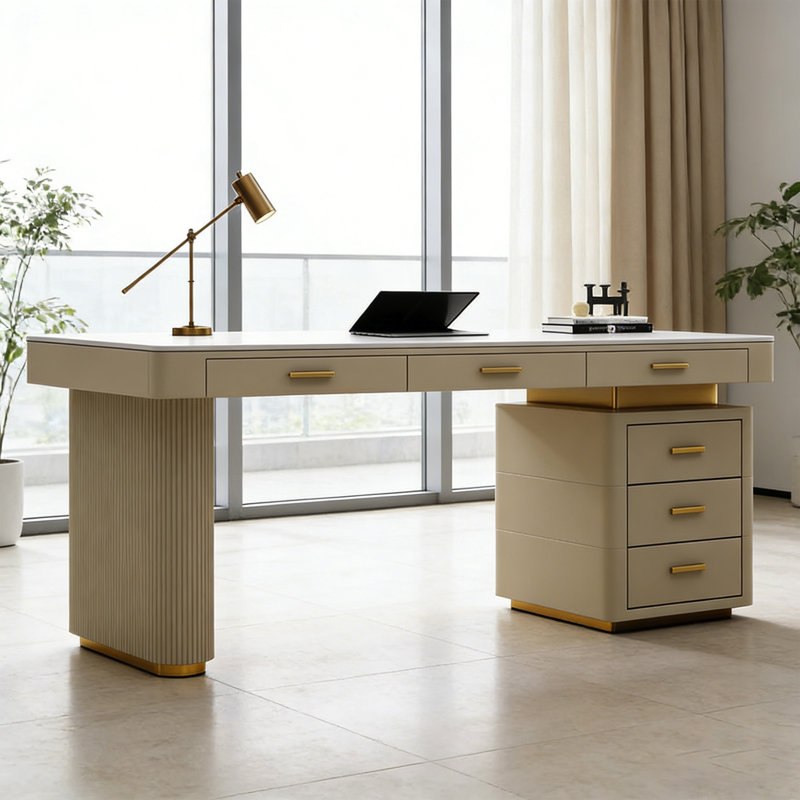 Bureau minimaliste moderne crème, H 29,53 po x l 70,87 po x P 27,56 po