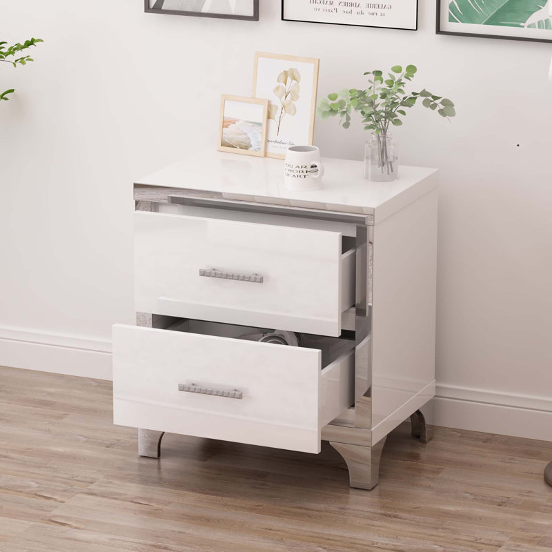 Table de chevet élégante avec poignée en métal et table de chevet miroir à 2 tiroirs, Blanc