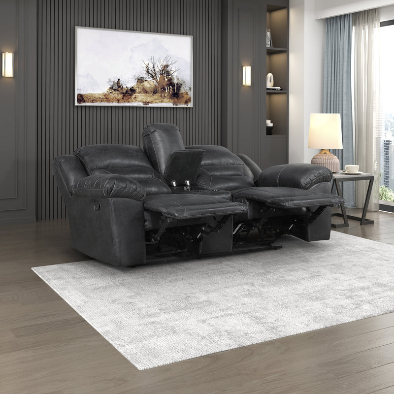 Hamisi 81" Transitional Polished Microfiber Manual Double Reclining Loveseat with Center Storage Console & Integrated Cup Holders