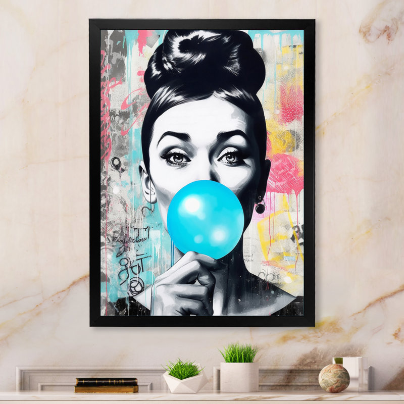Blue Bubble Gum - Print on Canvas, Black, 40" H x 30" W, Framed Print