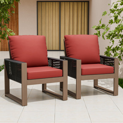 Patio Cedar Wood Frame Brown Wicker Outdoor Armchair with Cushion Set of 2