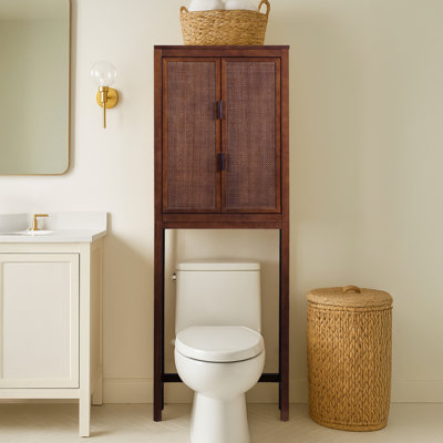Modern Boho Over-the-Toilet Storage Cabinet Bathroom Organizer with Rattan Inlay Doors, Adjustable Shelves & Solid Wood Frame
