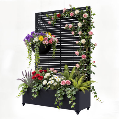 Metal Planter Box with Trellis, 75"x47"x16" Galvanized Steel Raised Garden Bed with Privacy Screen & Casters