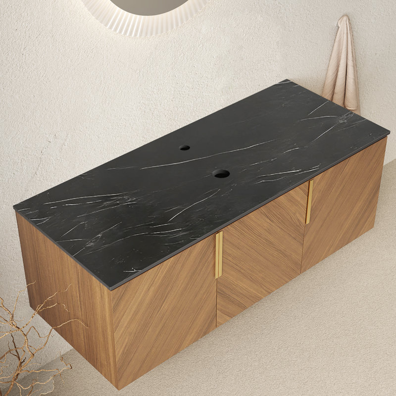 Pierre frittée noire 48 po avec comptoir à motif de pierres et armoire en chêne brun 48 po Arai
