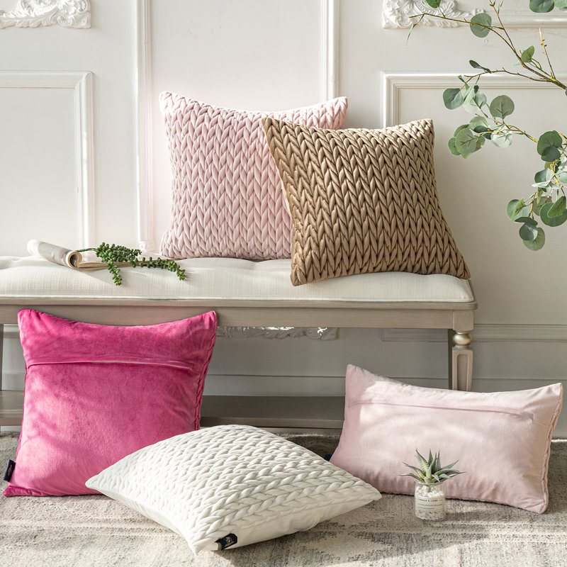 White Quilted Velvet Braid Textured Decorative Throw Pillow Set, 20" x 20"