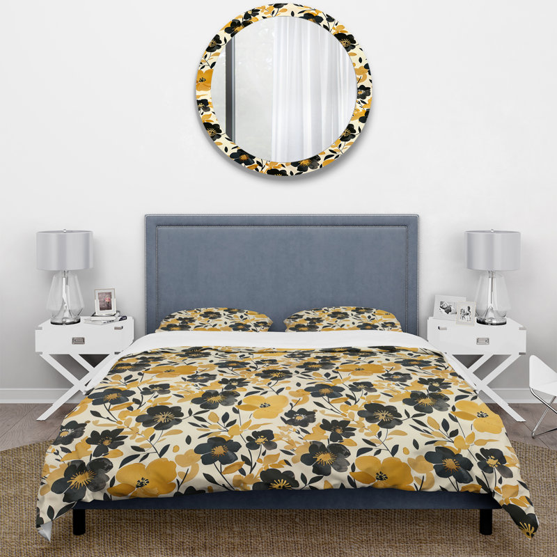 Ensemble de housse de couette à motif floral délicat noir et jaune, Housse de couette très grand + 2 taies décorativ