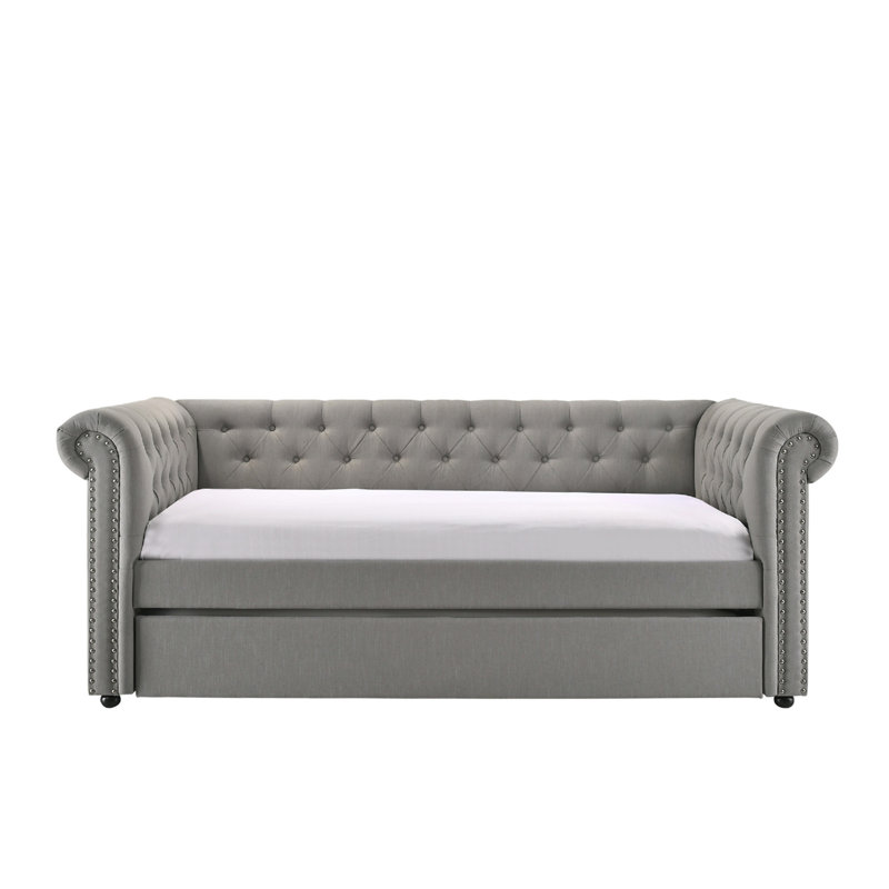 Luxurious 1Pc Modern Aesthetic Beautiy Button Tufted Nailhead Trim Design Daybed Built-In Pull-Out Trundle Bed Living Space Guest Room Bedroom Dove Gray