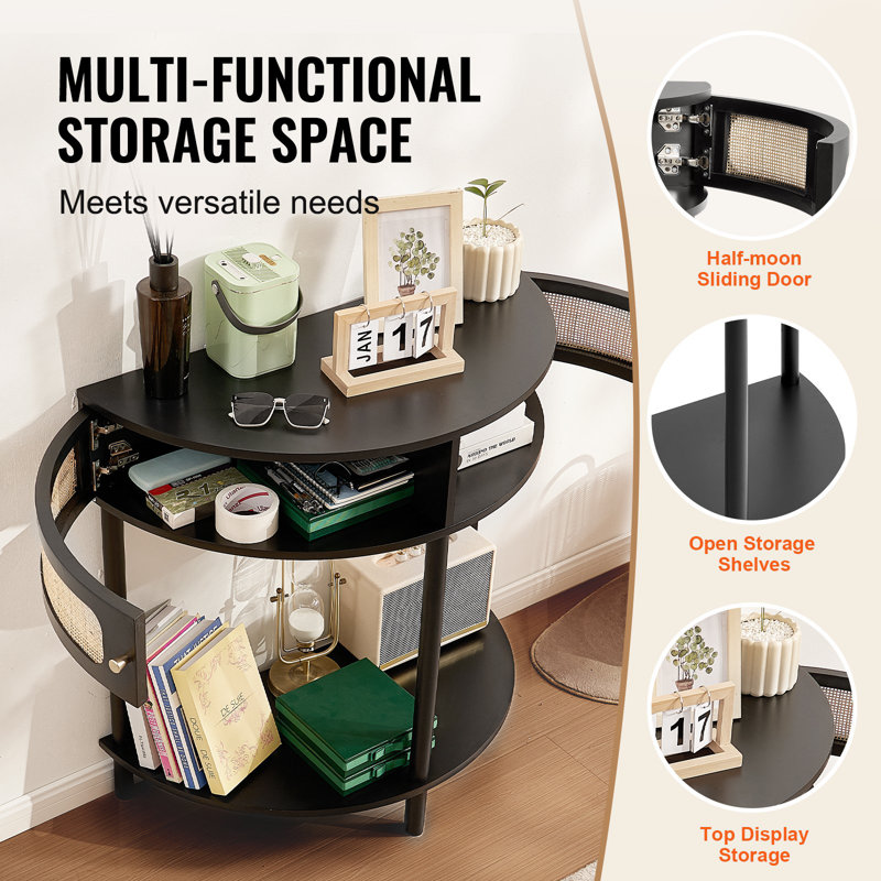 Console demi-lune en rotin avec 2 tiroirs, table d'entrée en rotin avec porte coulissante en rotin naturel, console avec rangement pour salon, bureau, entrée ou mur de télévision, noir