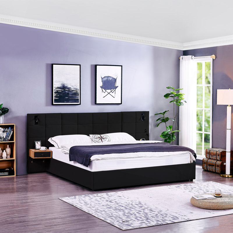 Très grand lit plateforme tapissier hydraulique en velours avec 2 tablettes, 2 lampes de lecture et un port USB