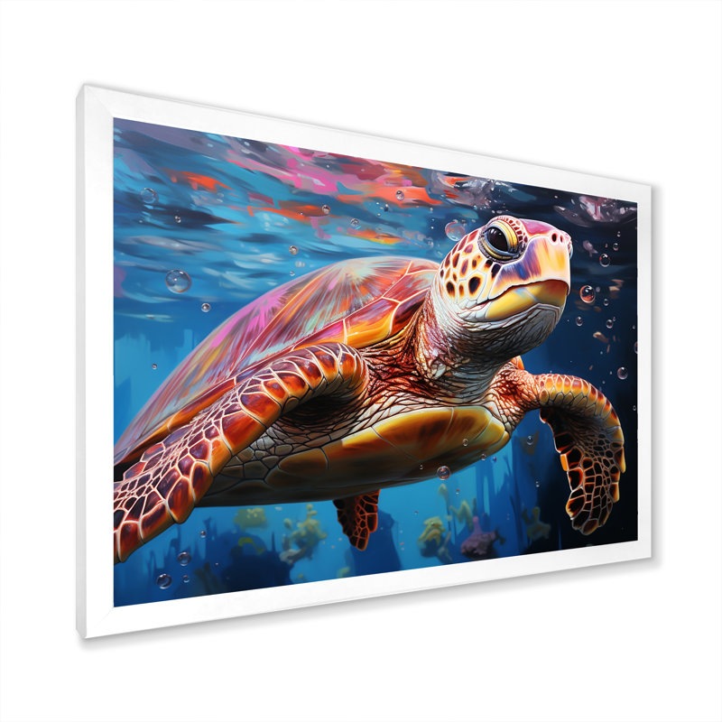 Tortue de mer pastel sur toile, Cadre simple blanc, H 34 po x l 44 po x P 1,5 po