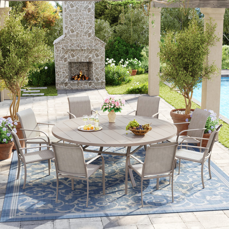 8-Person Round Patio Dining Set with 60" Dining Table and 8 Stackable PVC-coated polyester Chairs, Sandshell/Sandshell