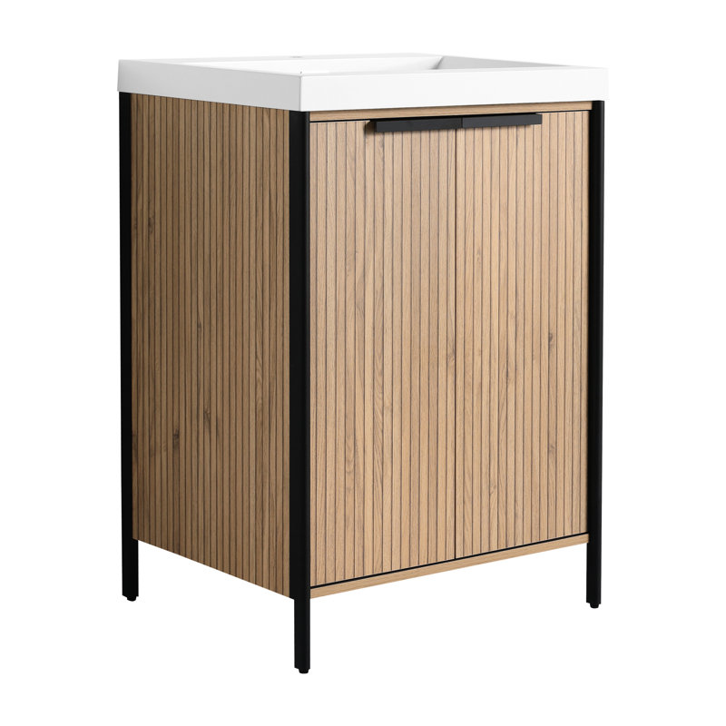 Meuble-lavabo autoportant avec lavabo en résine Fausley. Look contemporain. Portes d'armoire à fermeture en douceur. Vaste espace de rangement. Fabrication en contreplaqué. Caractéristique du style et du bassin de finition café. Options de rangement généreuses.