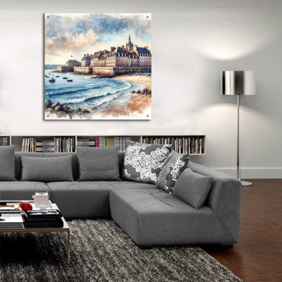 «Saint-malo, Bretagne, France, Watercolor Coastline» par Rey Klimt, art mural en verre acrylique
