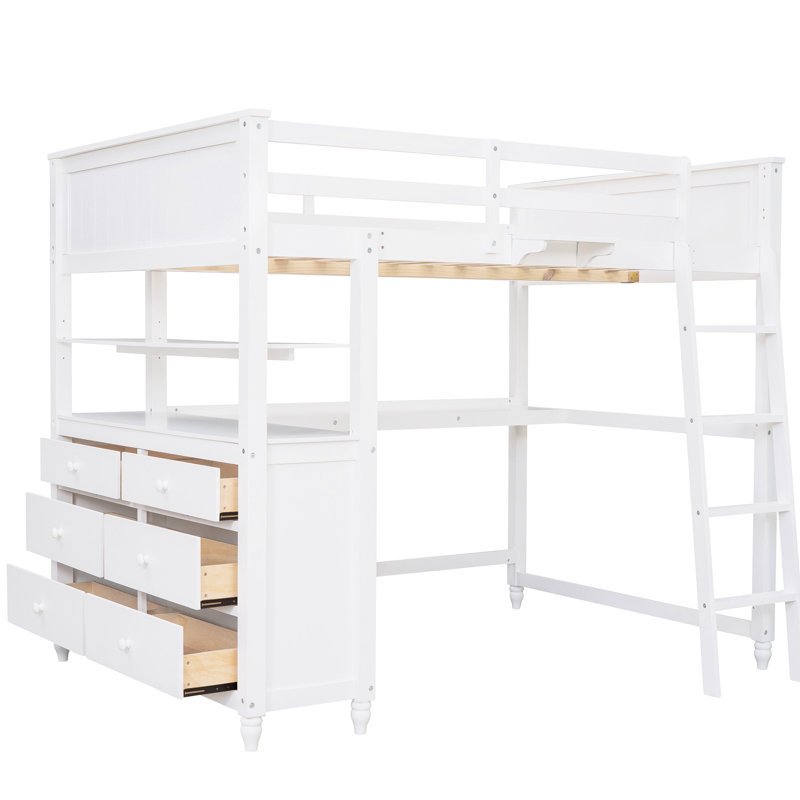 Lit mezzanine double avec tiroirs - Aménagement efficace de la chambre à coucher, bureau de travail blanc et rangement pour transformer votre espace en espace de production