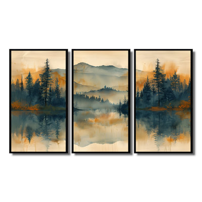 Green Yellow Sunrise Fog In The Forest II - Forest Wall Art Print Set