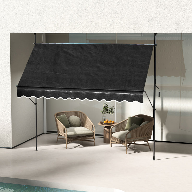 118" Deck Awning With Adjustable Canopy And , For Porch, Window, Door, Black Manual Patio Awning, Uv30+ Fabric Legs, Deck,