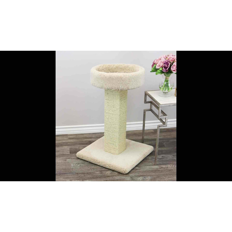 Beige Sisal Rope and Wood Cat Scratching Post with Perch