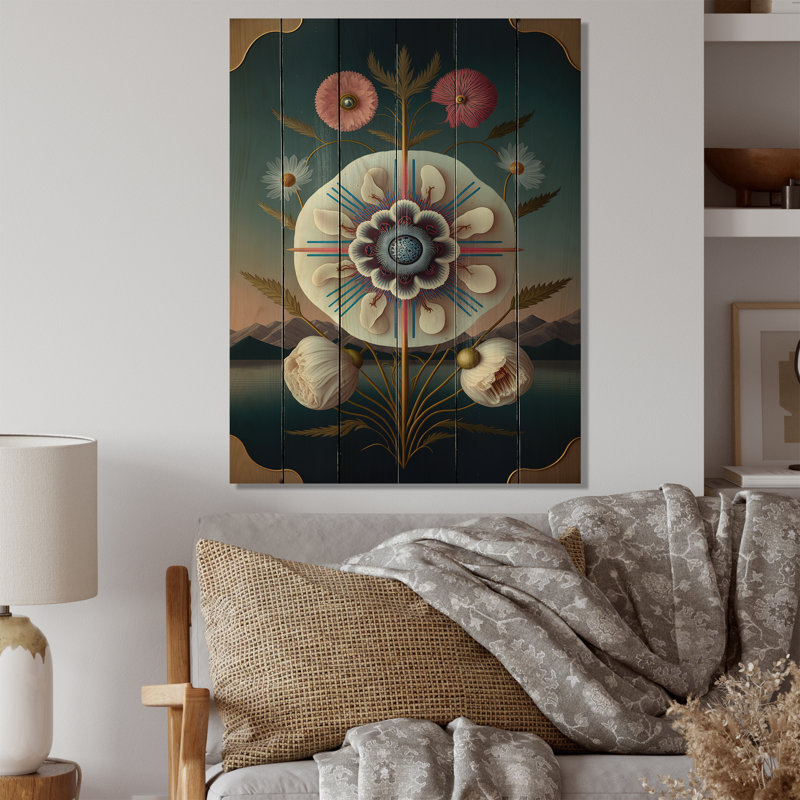 «Blossoming Geometric Flower Art III», décoration murale florale, H 24 po x l 32 po x P 1 po, Cadre doré à coins fermés