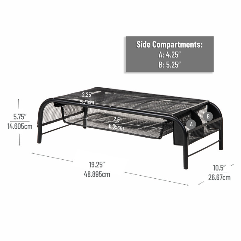 Support pour écran, support pour ordinateur portable ventilé, plateau à papier, rangement, bureau, filet métallique, noir