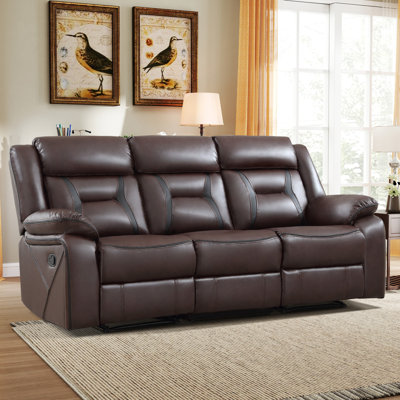 84.6'' Wide Vegan Leather Manual Reclining Sofa, 3-Seater Recliner Couch With Pillow Top Arm