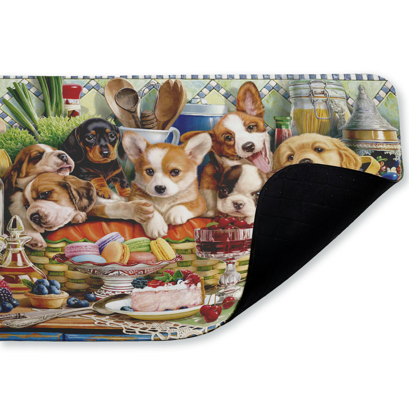 Tapis de sol anti-fatigue imprimé chiots dans un panier, conçu par Image World, 30 po x 18 po