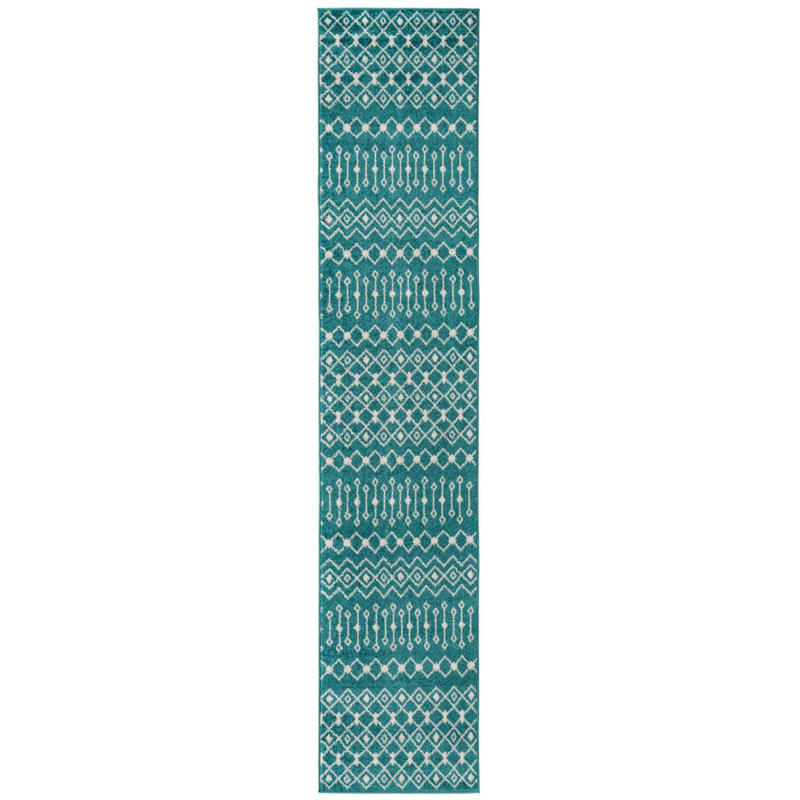 Tapis bleu / blanc en chenille / polyester tissé à la machine Briehn, Tapis de couloir 2 pi 7 po x 12 pi