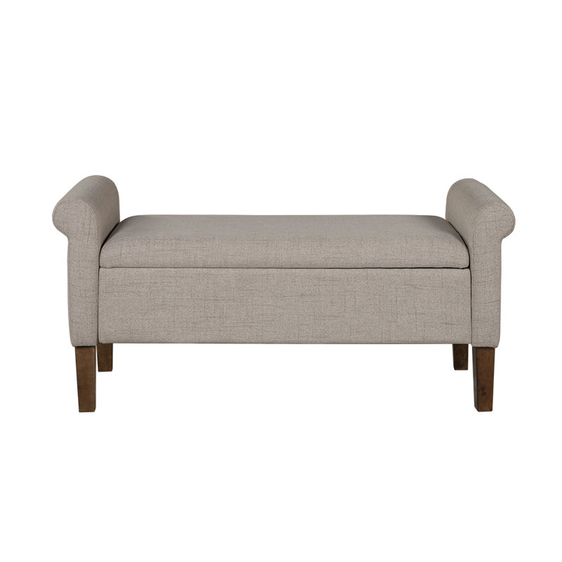 Cream Upholstered Storage Bench with Rolled Armrests