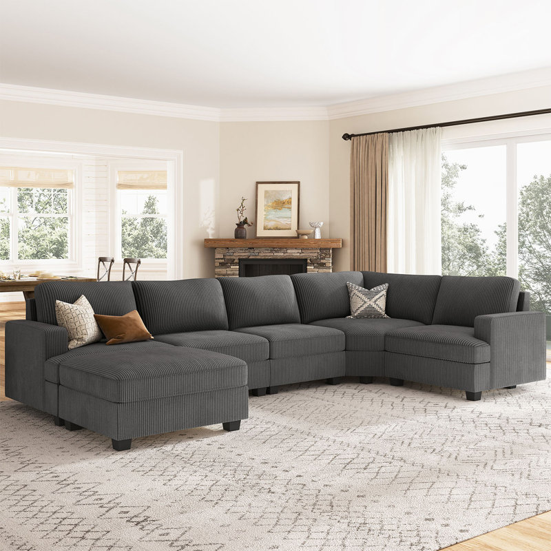 Canapé modulaire en U avec repose-pieds Anureet, Velours côtelé gris, Non