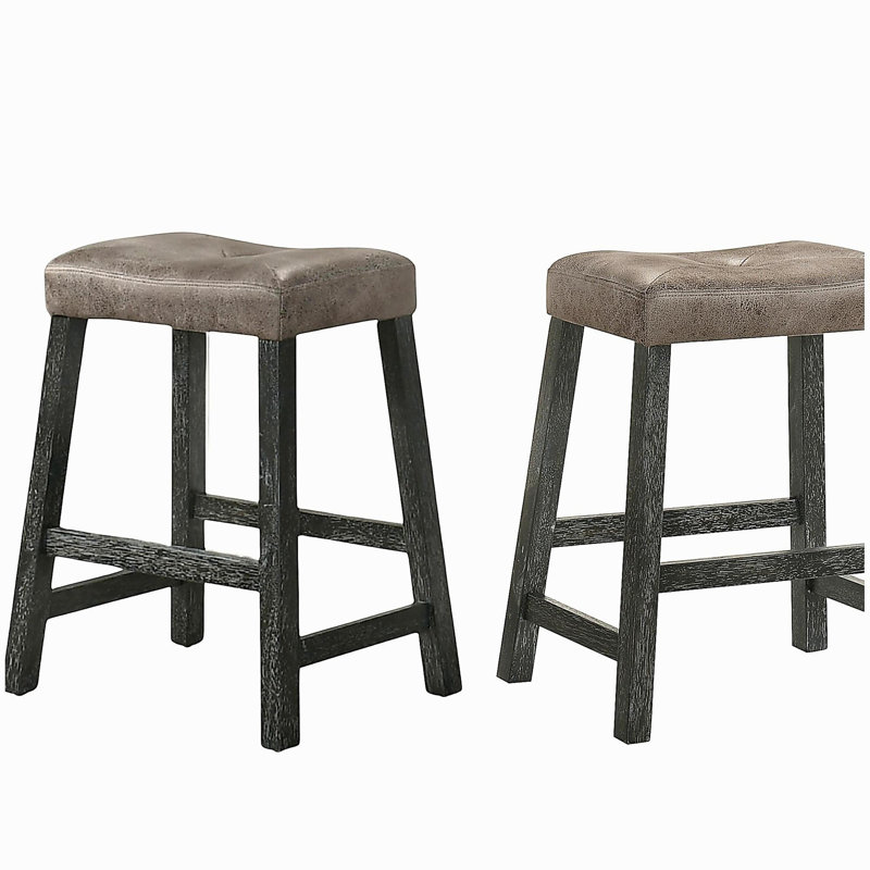 25 Inch Wooden Farmhouse Barstool with Leather Seat, Backless Counter Stool (Gray, Set of 2)