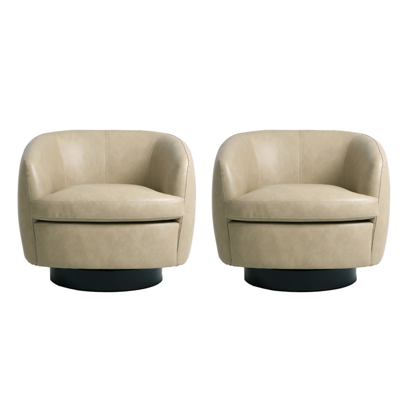 Upholstered Cream Faux Leather Swivel Barrel Chair Recessed Arms With Solid Wood Base (Set of 2), Cream