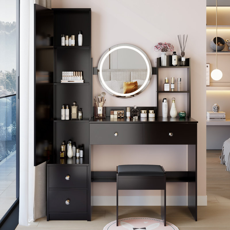 Full Body Mirror Cabinet With Round Mirror LED Vanity Table With Cushioned Stool, 17" Diameter LED Mirror, Touch Control, 3-Color, Brightness Adjustable, Large Desktop, Multi-Layer High Capacity Storage