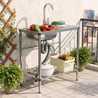 Free Standing Single Bowl Kitchen Sink, Lightweight Stainless Steel Utility Sink With Dual-Inlet Design Faucet For Kitchen, Garage, Backyard