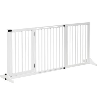 Barrière pour animaux de compagnie en bois réglable. Autoportante. Pour porte et couloir. 3 panneaux, barrière, porte verrouillable. Blanche. Convient aux espaces de 113 à 162 cm. Clôture en bois blanc. Panneaux avec barrière pour espaces de 162 cm. Pour porte.
