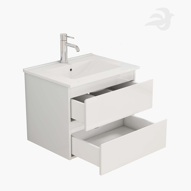 Ensemble de meuble-lavabo 24 po avec lavabo, armoire avec 2 grands tiroirs, système de fermeture en douceur, 2 grands tiroirs, conception sans poignée, assemblage facile, blanc brillant