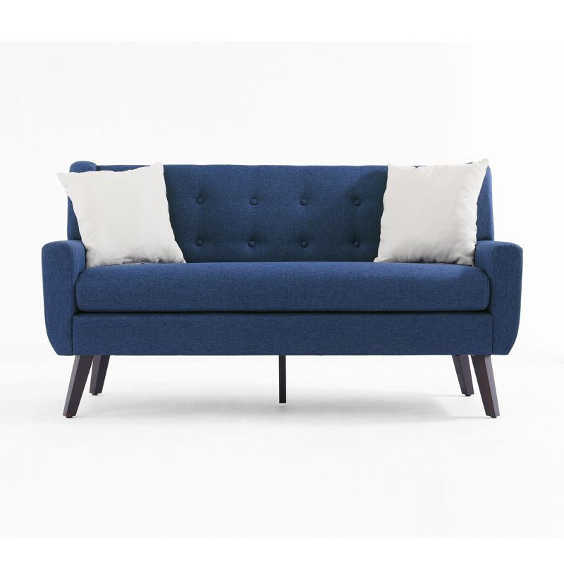 Jaqueze Upholstered Blue Linen Blend Button Tufted Square Arm Loveseat, Blue Linen Blend
