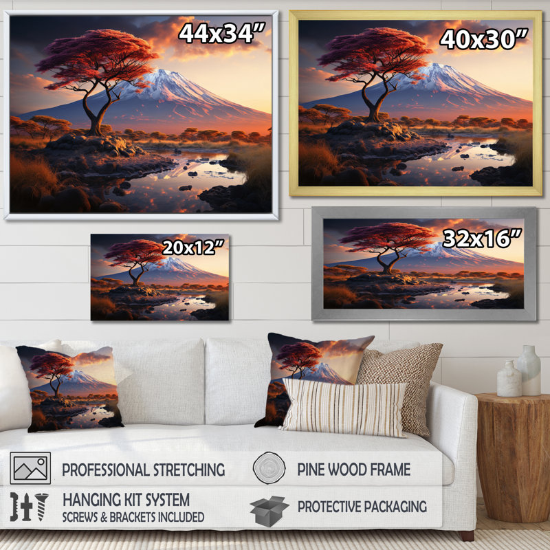 Paysage africain, mont Kilimandjaro II, sur toile, H 34 po x l 44 po x P 1,5 po, Cadre flottant noir