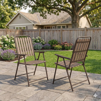2-Piece Brown Metal Slat Foldable Dining Chairs for Indoor Outdoor Use with Breathable Backrest Design