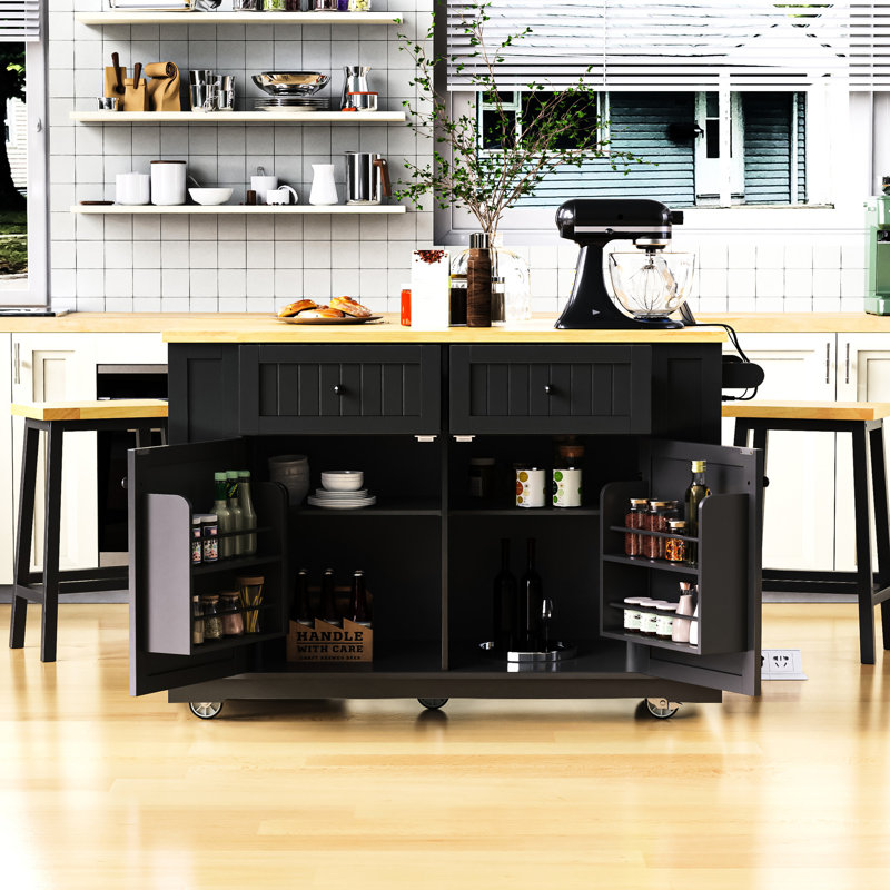 Chariot pour îlot de cuisine de 48 pouces avec 2 tabourets de bar, tablettes latérales ouvertes et abattant, Noir