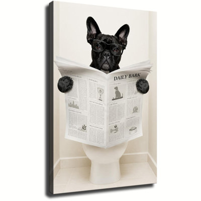 Funny French Bulldog Reading Newspaper Bathroom Humour Photographic Canvas Art, Wrapped Canvas, Ready to Hang