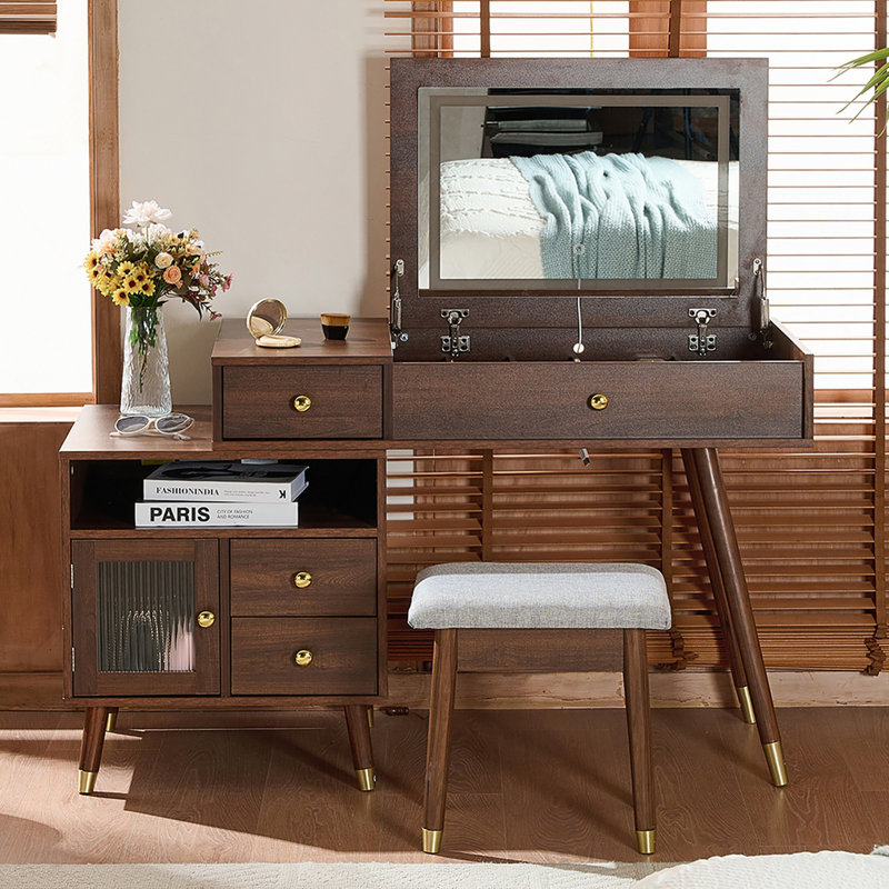 Coiffeuse 3 en 1 avec tabouret, Noyer