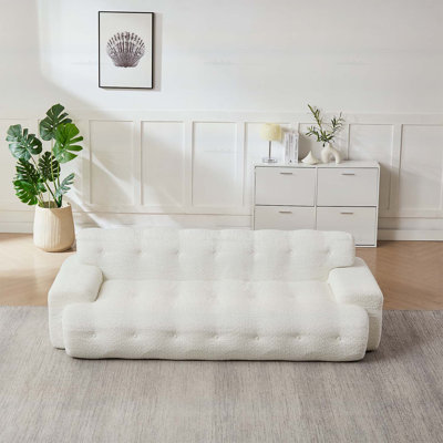 87.4-inch Cloud Series Minimalist Button-Tufted Square Arm Three-Seater Sofa, Chenille Upholstered for Ultimate Comfort and Style, Snow White