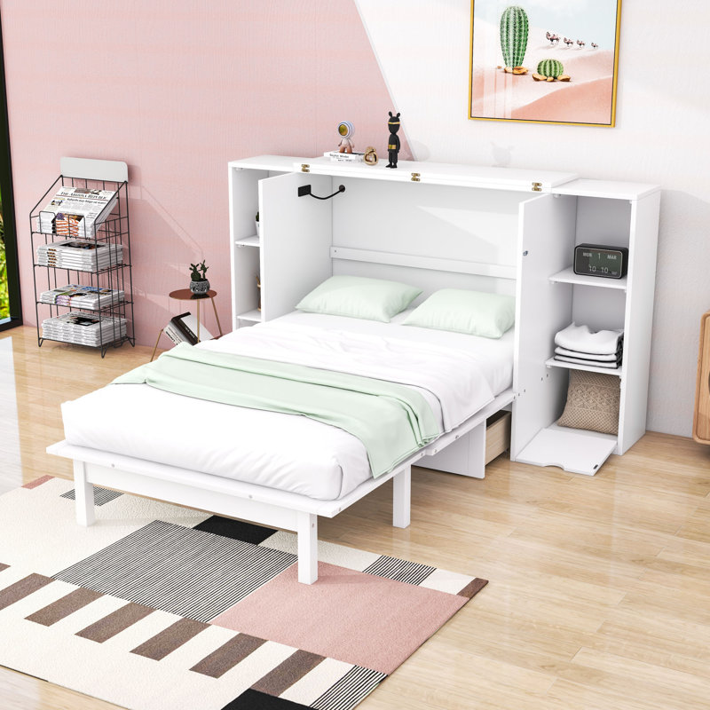 Lit avec rangement Donel Murphy avec tiroirs, tablettes et ports USB, Blanc