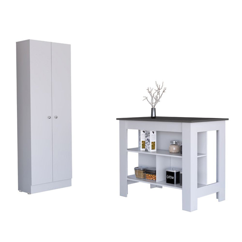 Arloa 2 Piece Kitchen Set, Kitchen Island + Kitchen Pantry, White/Onyx