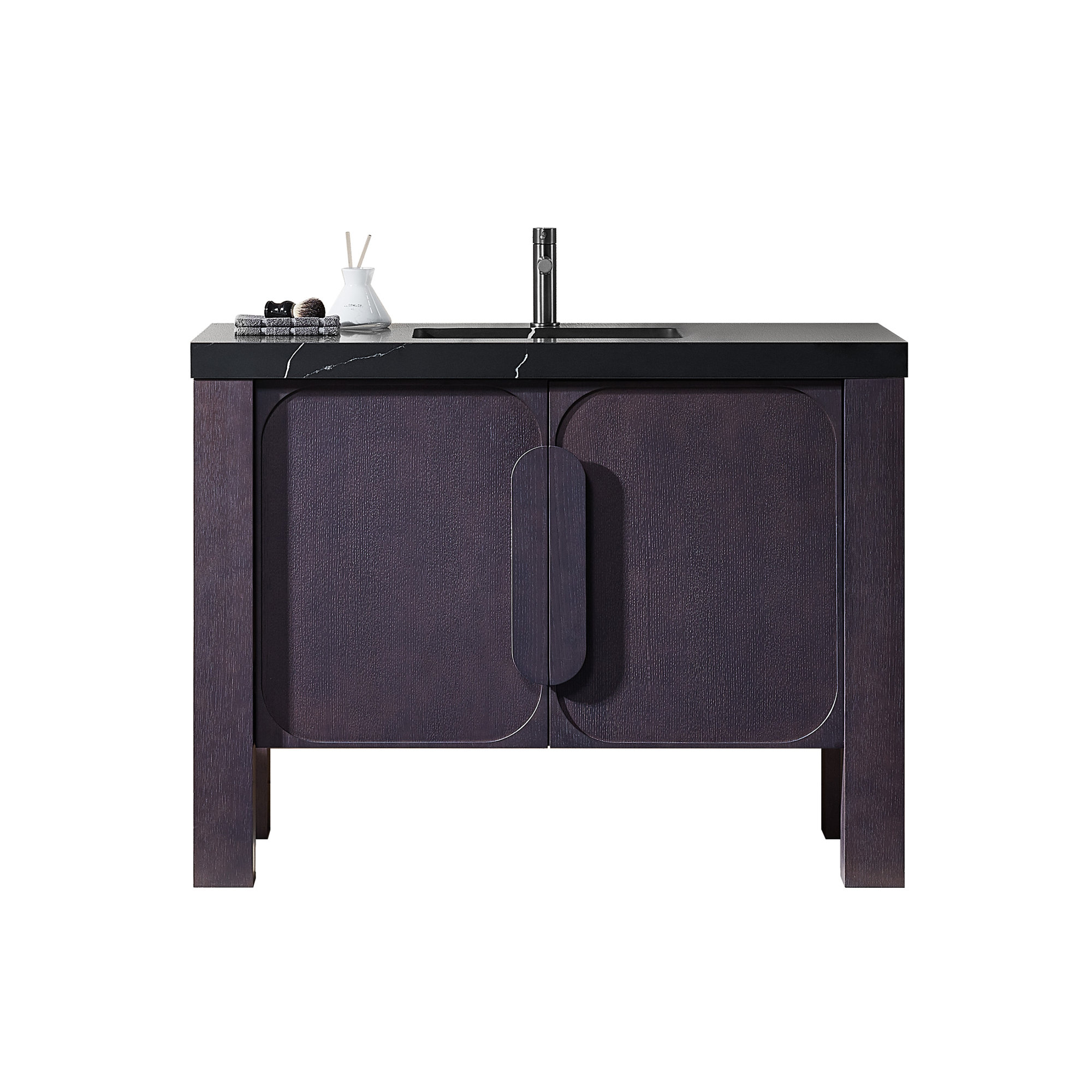 48" Natural Veneer Plywood Bathroom Vanity with Engineered Stone Countertop, Espresso Oak, Black