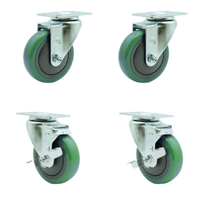 4 Inch SS Polyurethane Swivel Top Plate Caster Set with 2 Brakes SCC