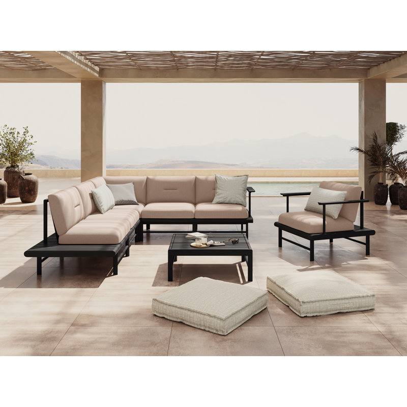 245cm Wide Metal Patio Sectional with Cushions, Beige