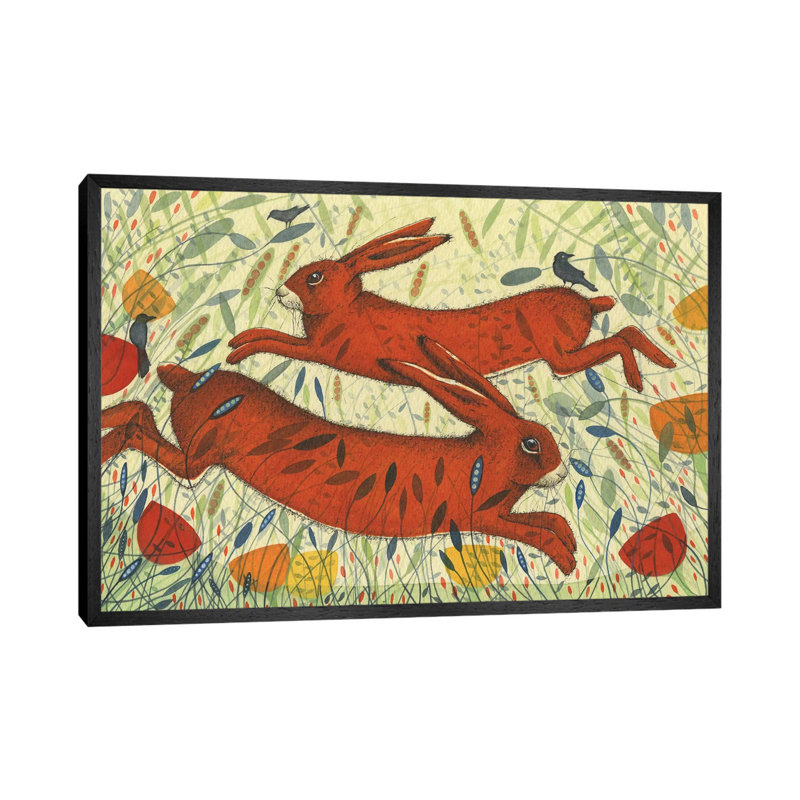 Hares & Crow by Michelle Campbell - Floater Frame Print on Canvas, 101.6 cm H x 66.04 cm W, Black Framed Canvas
