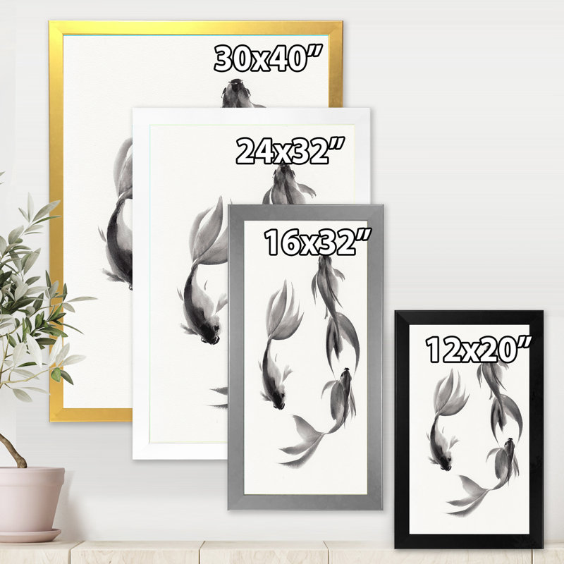 " Monochrome Vintage Fish III " Painting Print, 32" H x 16" W x 1.5" D, Silver Framed Canvas
