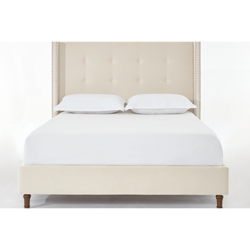 Structure de très grand lit avec tête de lit tapissier en velours de 54 po de hauteur, capitonnage traditionnel, garniture cloutée à oreilles, structure en métal, sans sommier, assemblage simple dans une chambre à coucher avec base à boutons de 30 minutes de hauteur