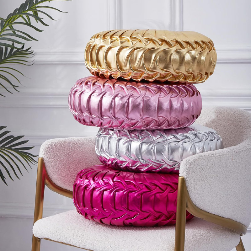 Coussins décoratifs dorés, coussins circulaires, coussins décoratifs plissés à la main à la citrouille, coussins dorés, coussins décoratifs en cuir métallique lisse pour le canapé du salon